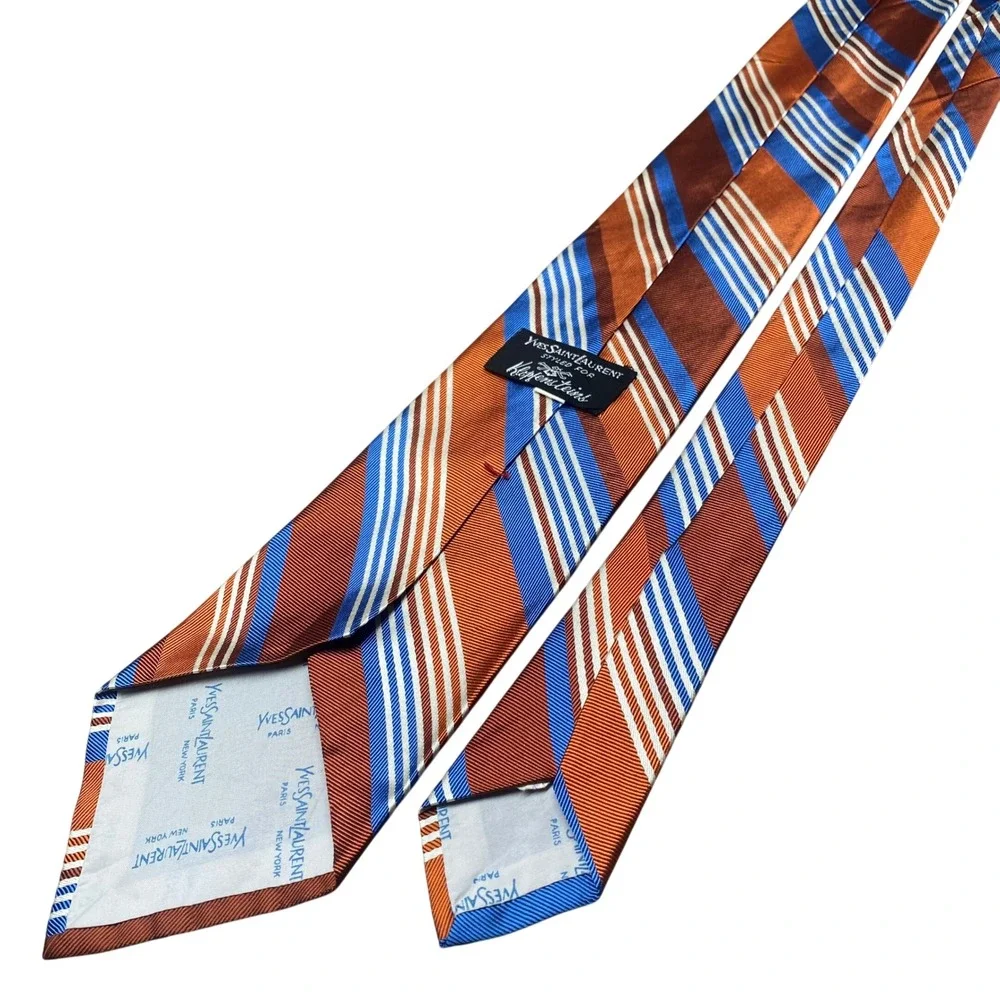 Vintage 1970s Yves Saint Laurent YSL Silk Tie Mens Orange Blue Striped USA NEW